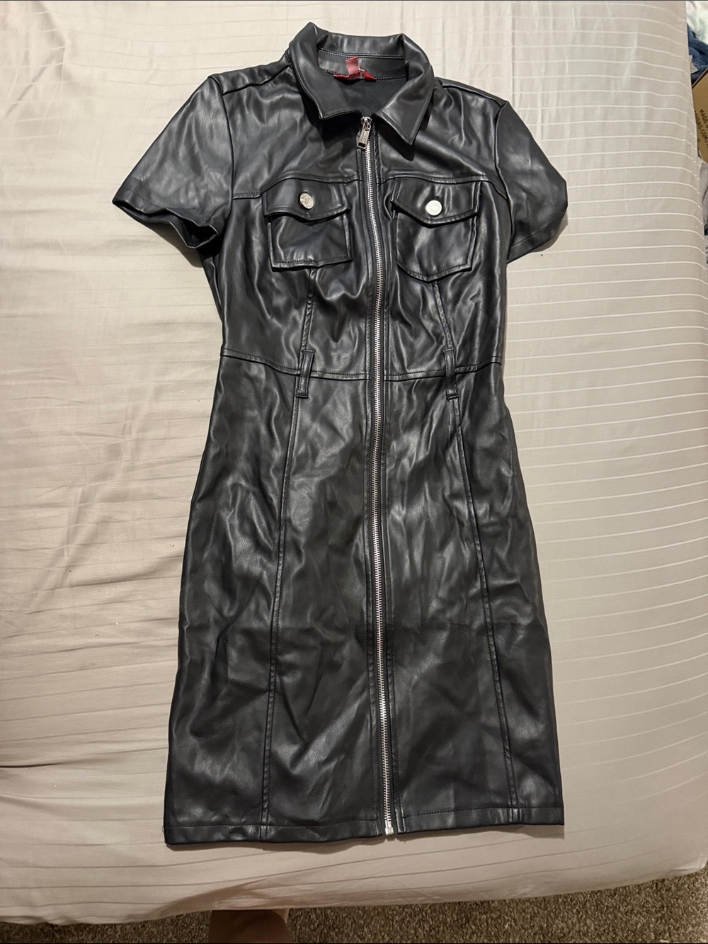 Guess Black Faux Leather Zip-Front Short Sleeve Dress
